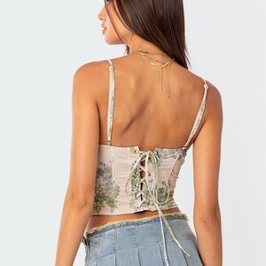 Edikted NWT Floral Lace-Up Crop Top Cream and Green